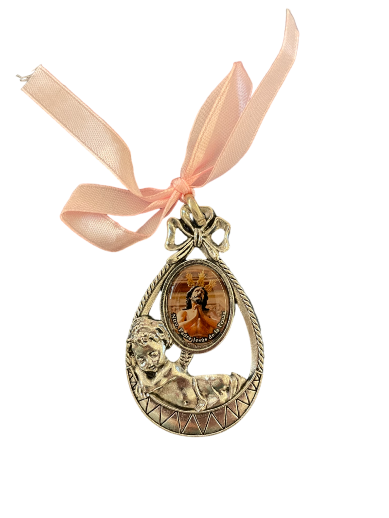 Medalla de cuna con cinta rosa Cristo con Ángel